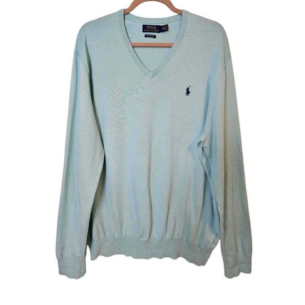 Polo Ralph Lauren 100% cotton light bluish green v neck sweater. Size XL.